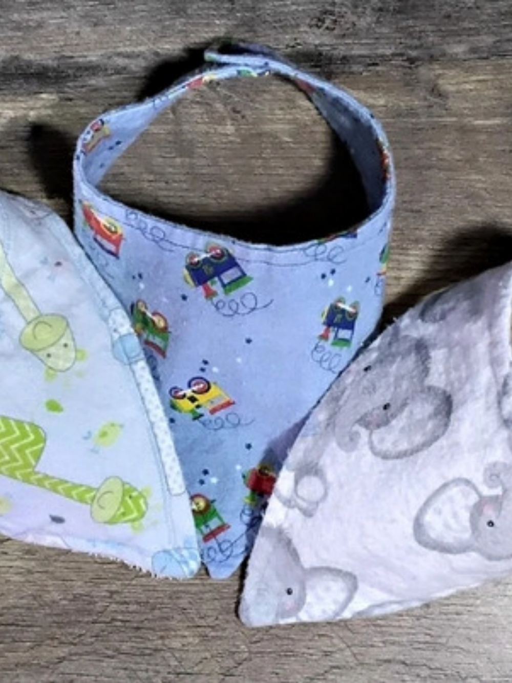 Handmade Set of 3 Elephants, Giraffes and Trains Reusable Baby Boy Bibs